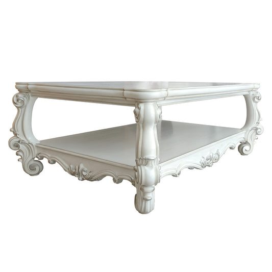 57" White Wood Ornate Coffee Table With Shelf
