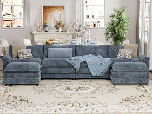 Blue U Shaped Sectional Sofa With Removable Ottoman ShipItFurniture
