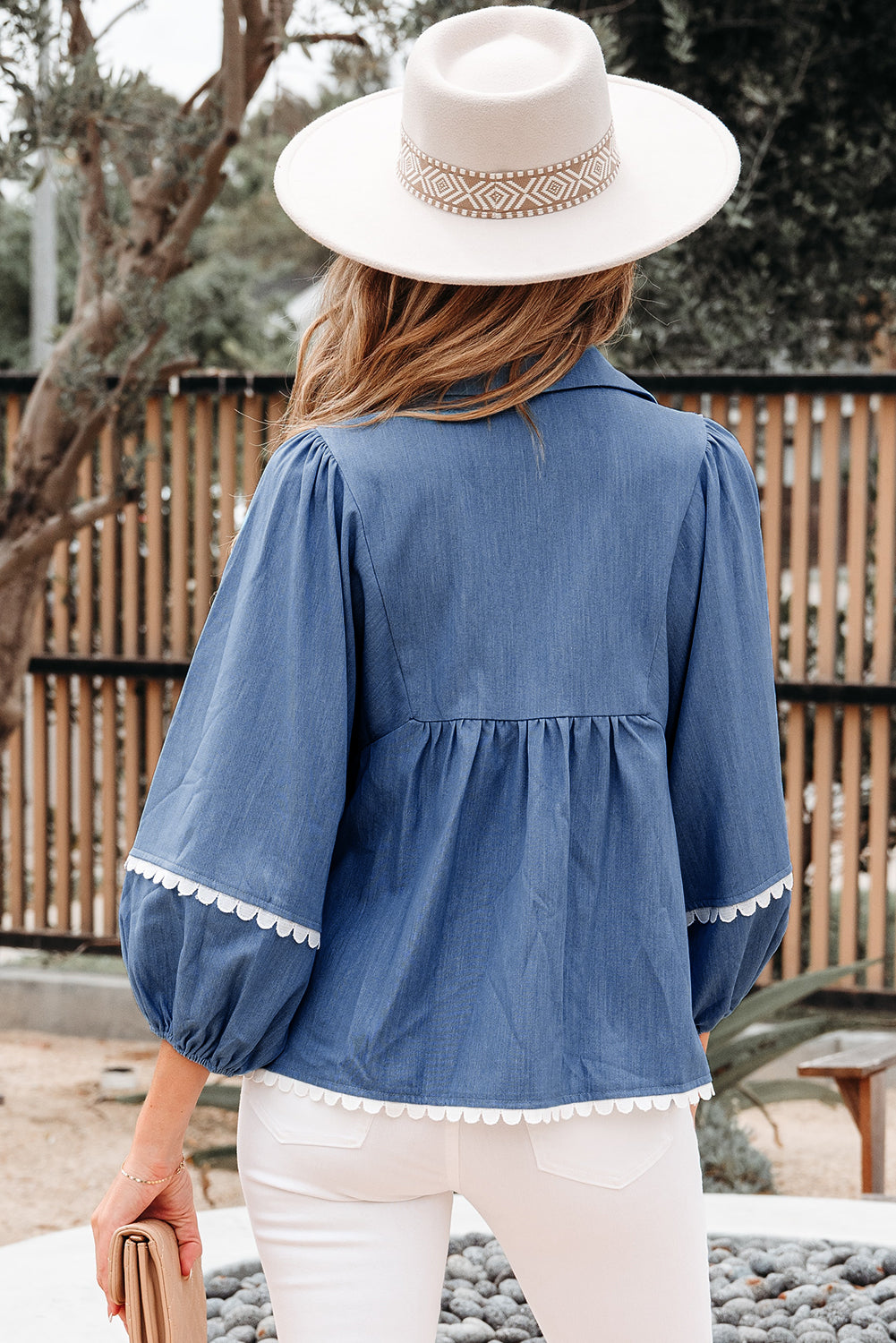 Nevaeh Lace Ric Rac 3/4 Puff Sleeve Collared Babydoll Blouse Threaded Pear