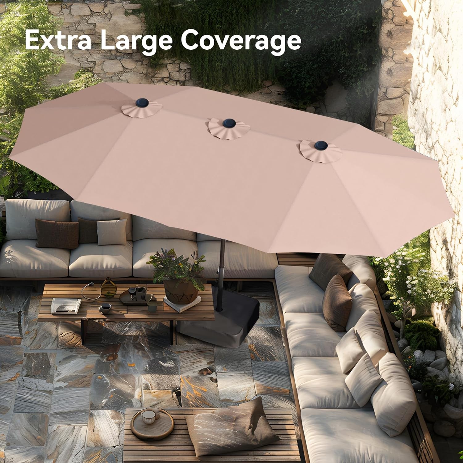 15Ft Large Patio Umbrellas with Base Included, Outdoor Double-Sided Rectangle Market Umbrella with Crank Handle, for Poolside Lawn Garden, Beige ShipItFurniture
