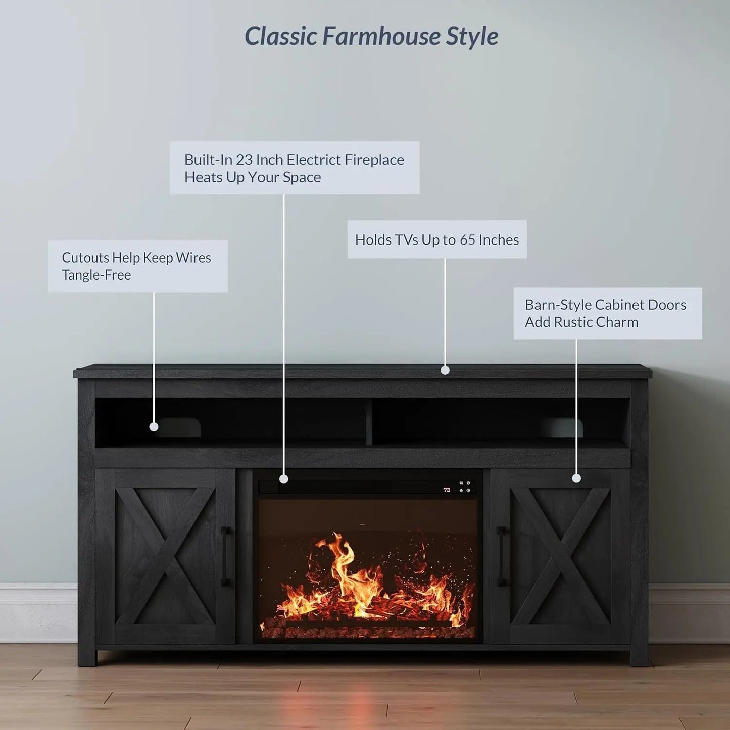 58 Inch Farmhouse TV Stand With Electric Fireplace Grey - Get it from Bo