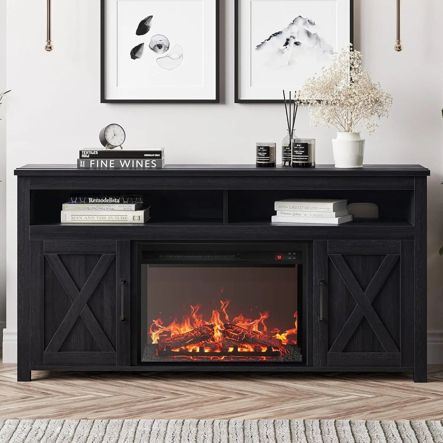 58 Inch Farmhouse TV Stand With Electric Fireplace Grey - Get it from Bo