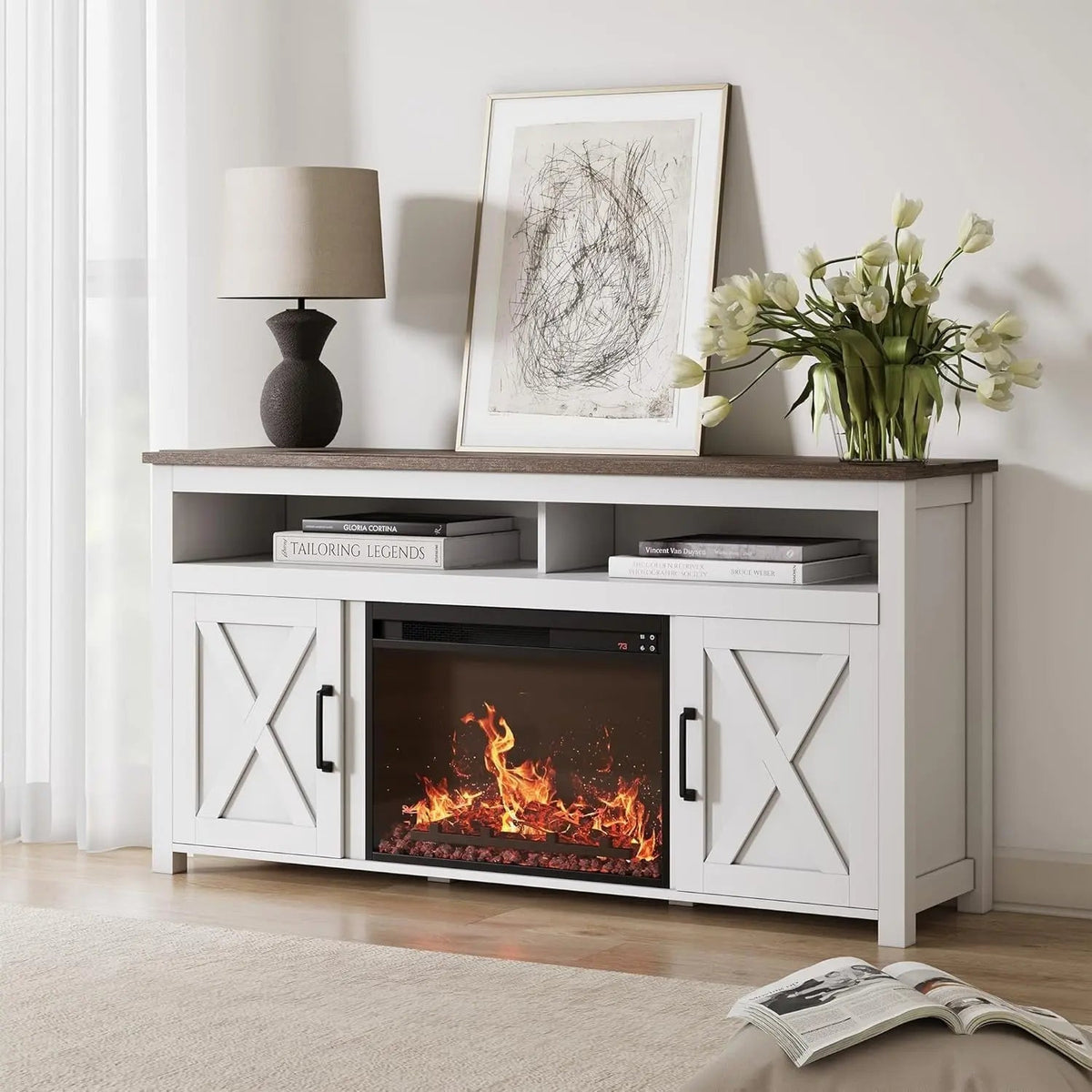 58 Inch White Farmhouse Fireplace TV Stand Cabinet - Get it from Bo