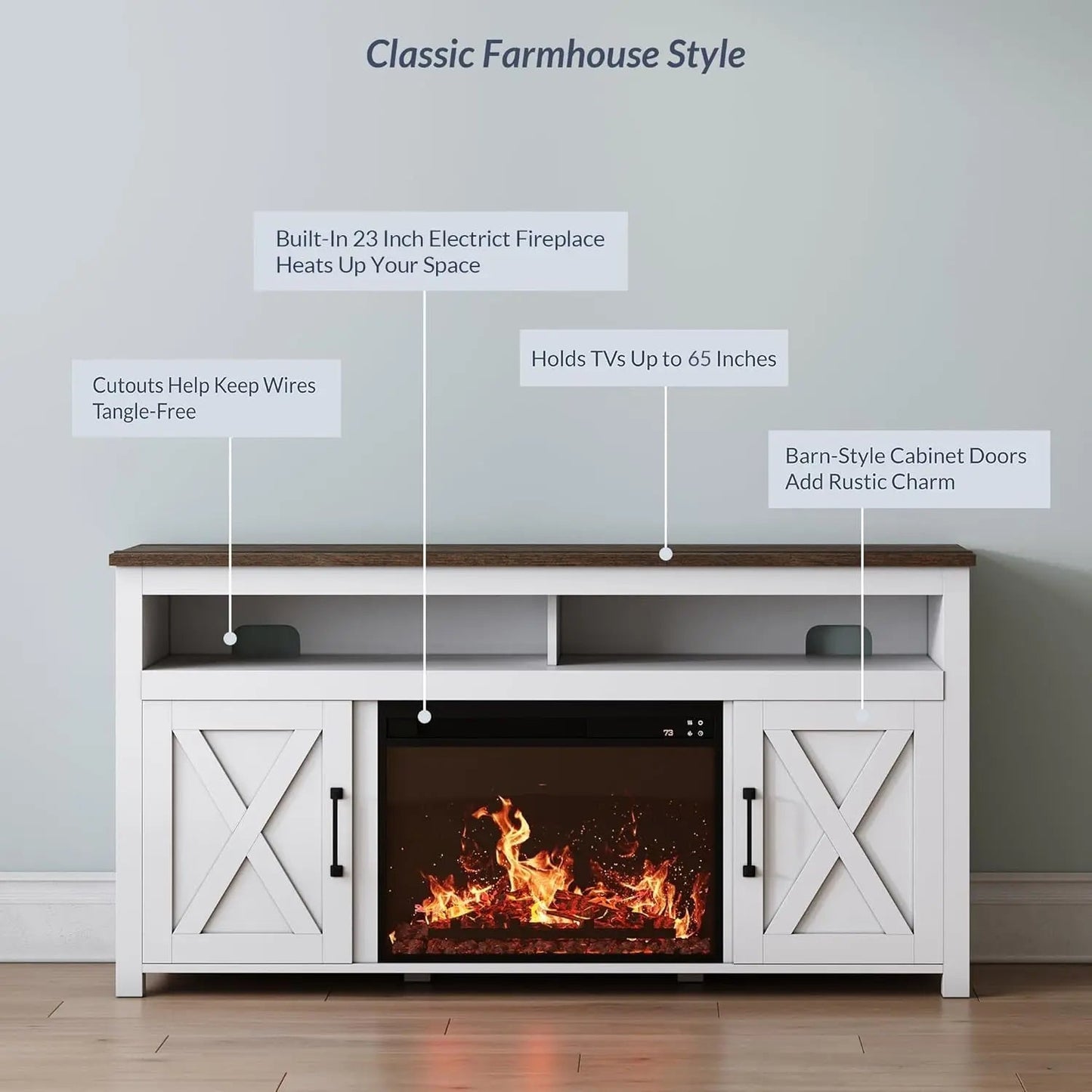 58 Inch White Farmhouse Fireplace TV Stand Cabinet - Get it from Bo