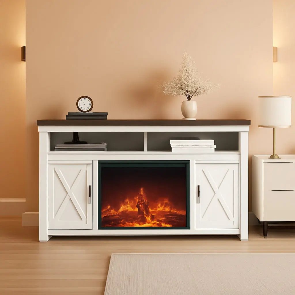 58 Inch White Farmhouse Fireplace TV Stand Cabinet - Get it from Bo