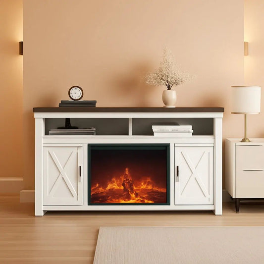 58 Inch White Farmhouse Fireplace TV Stand Cabinet - Get it from Bo