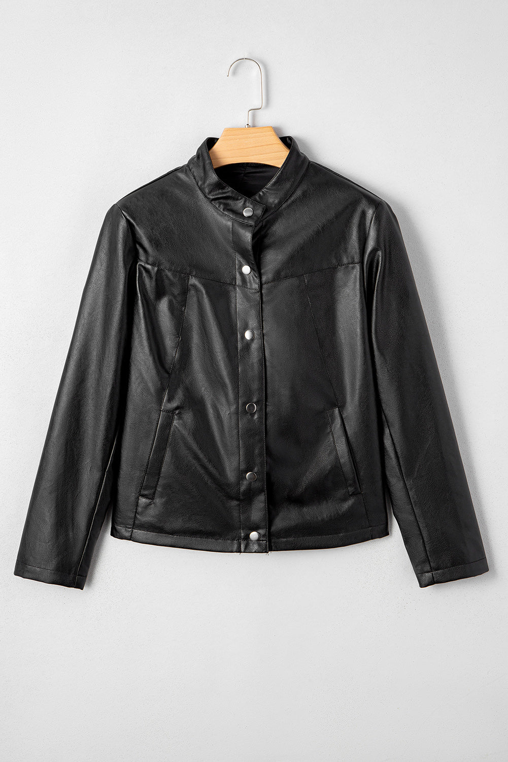 Olive Faux Leather Buttoned Front Boxy Jacket Threaded Pear