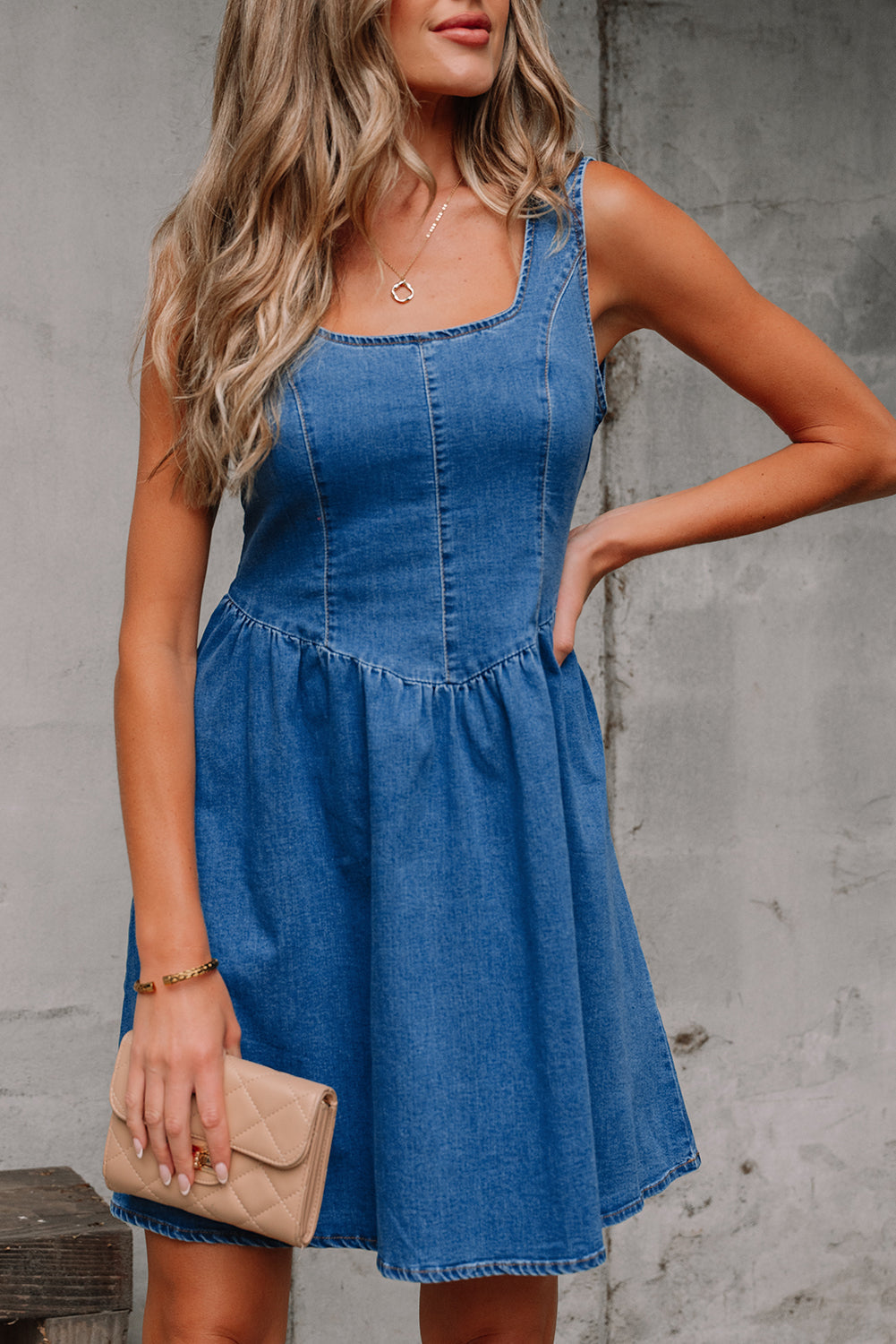 Emily Square Neck Bowknot A-line Denim Dress Threaded Pear