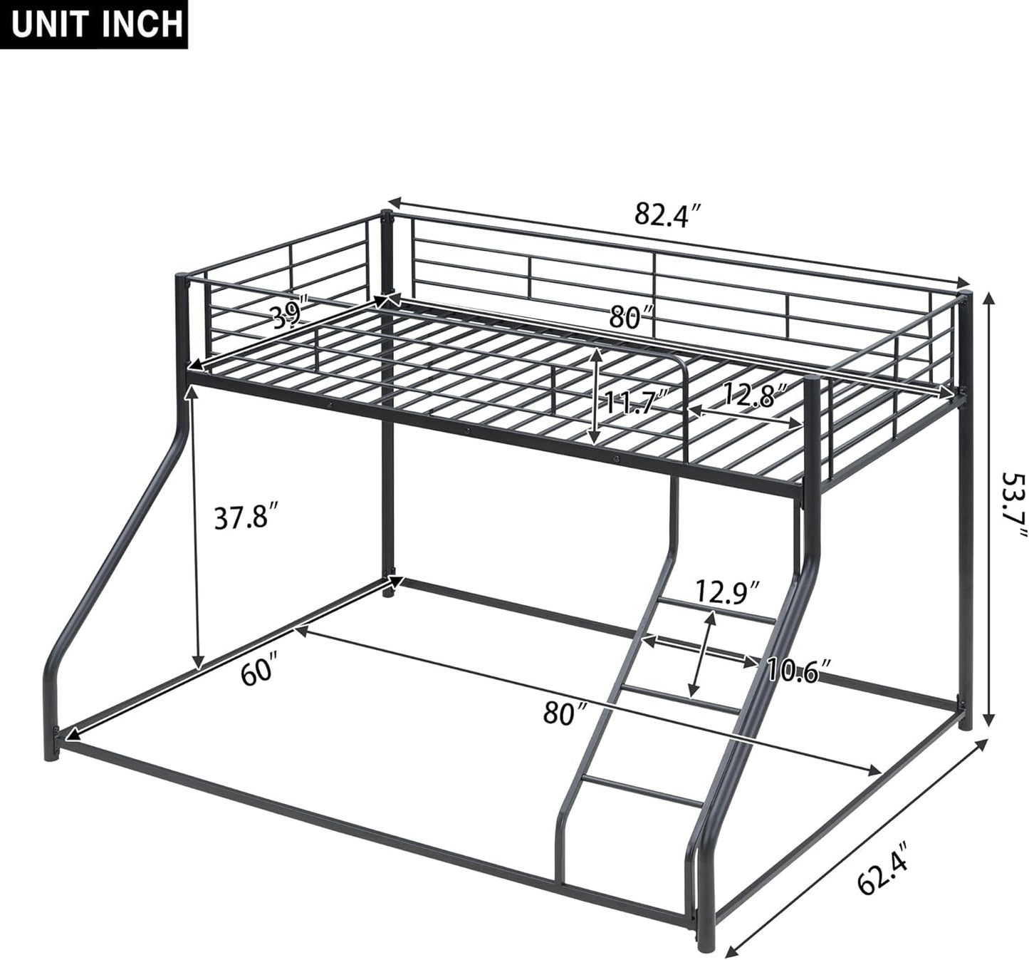 Twin over Queen Bunk Bed, Floor Bunk Bed, Heavy Duty Metal Bunk Bed Frame, Queen Bunk Bed for Adults, Adult Bunk Beds Heavy Duty, Twin XL Bunk Bed, Black ShipItFurniture