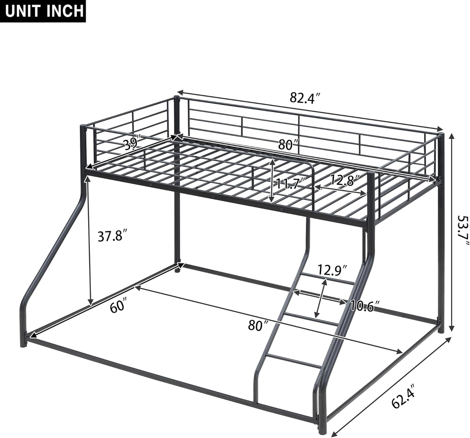 Twin over Queen Bunk Bed, Floor Bunk Bed, Heavy Duty Metal Bunk Bed Frame, Queen Bunk Bed for Adults, Adult Bunk Beds Heavy Duty, Twin XL Bunk Bed, Black ShipItFurniture