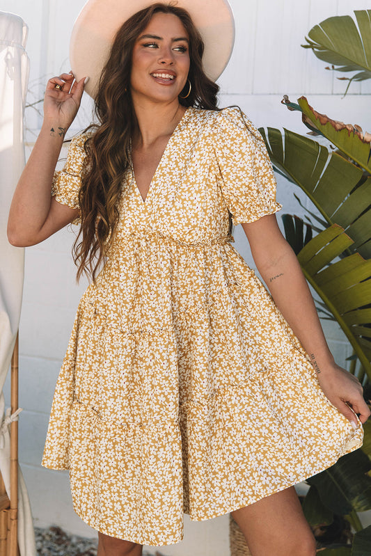 Charleigh Floral Short Sleeve Mini Dress Threaded Pear