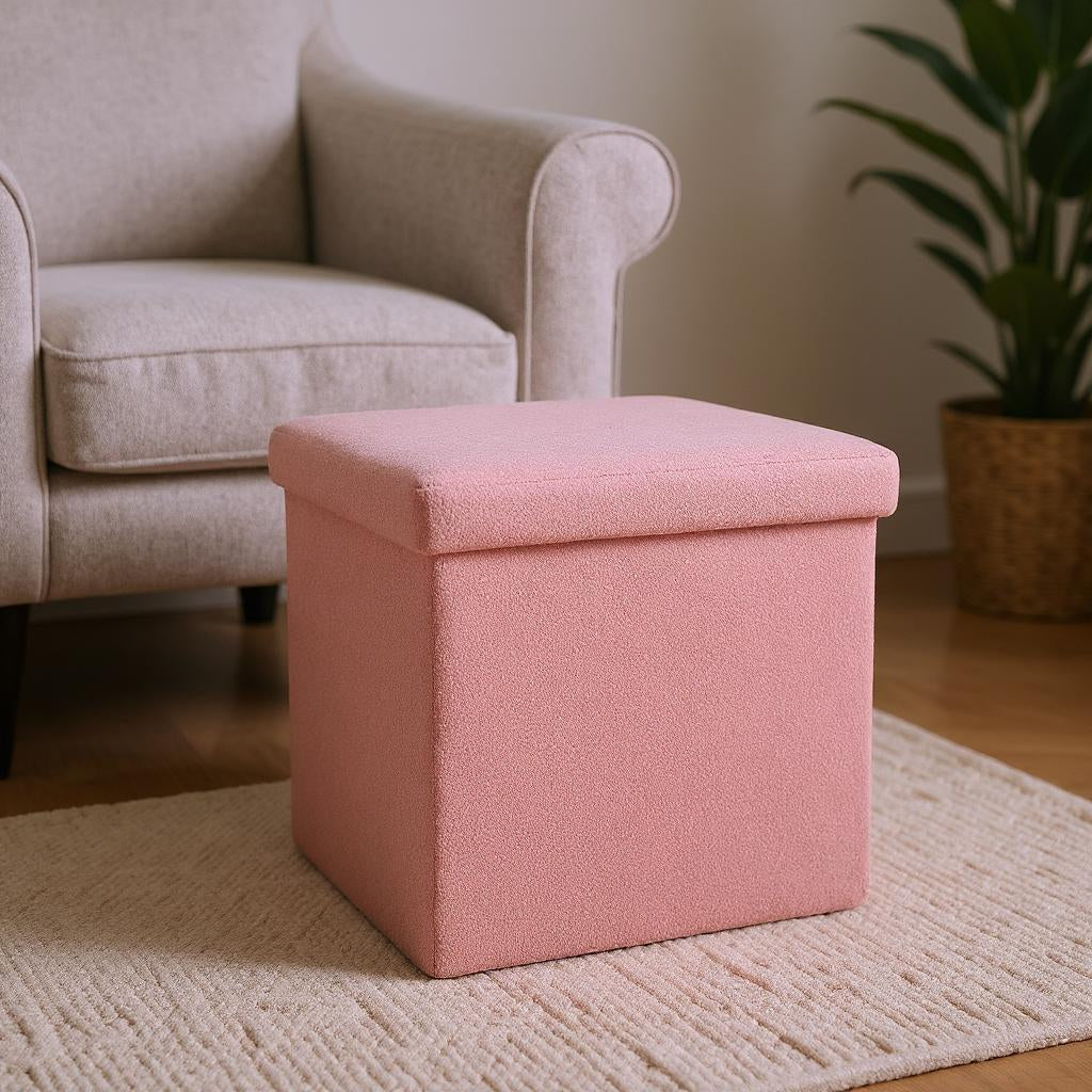 12" Pink Boucle Cube Storage Ottoman