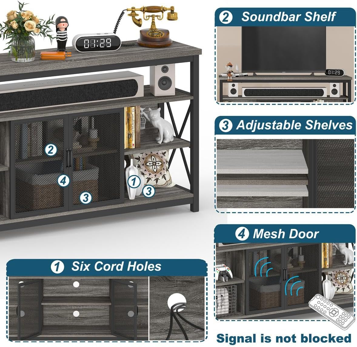 Tall TV Stand for 65 Inch TV With Storage Cabinet Grey Oak