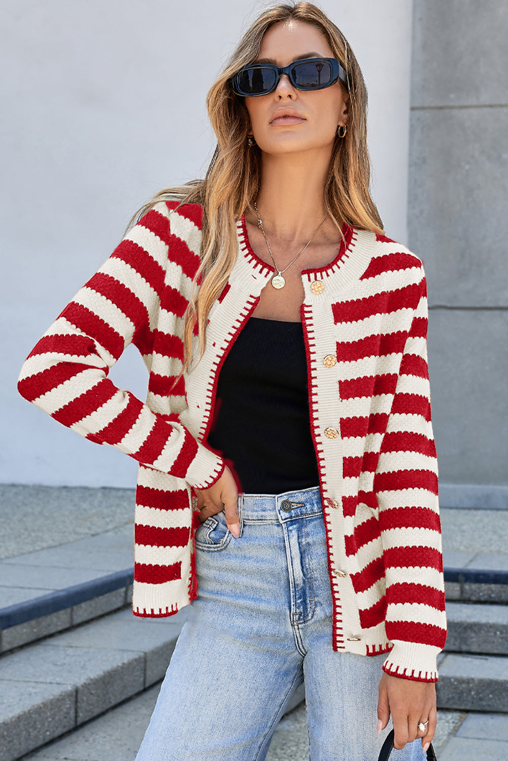 Rylee Stripe Button Cardigan Sweater Threaded Pear