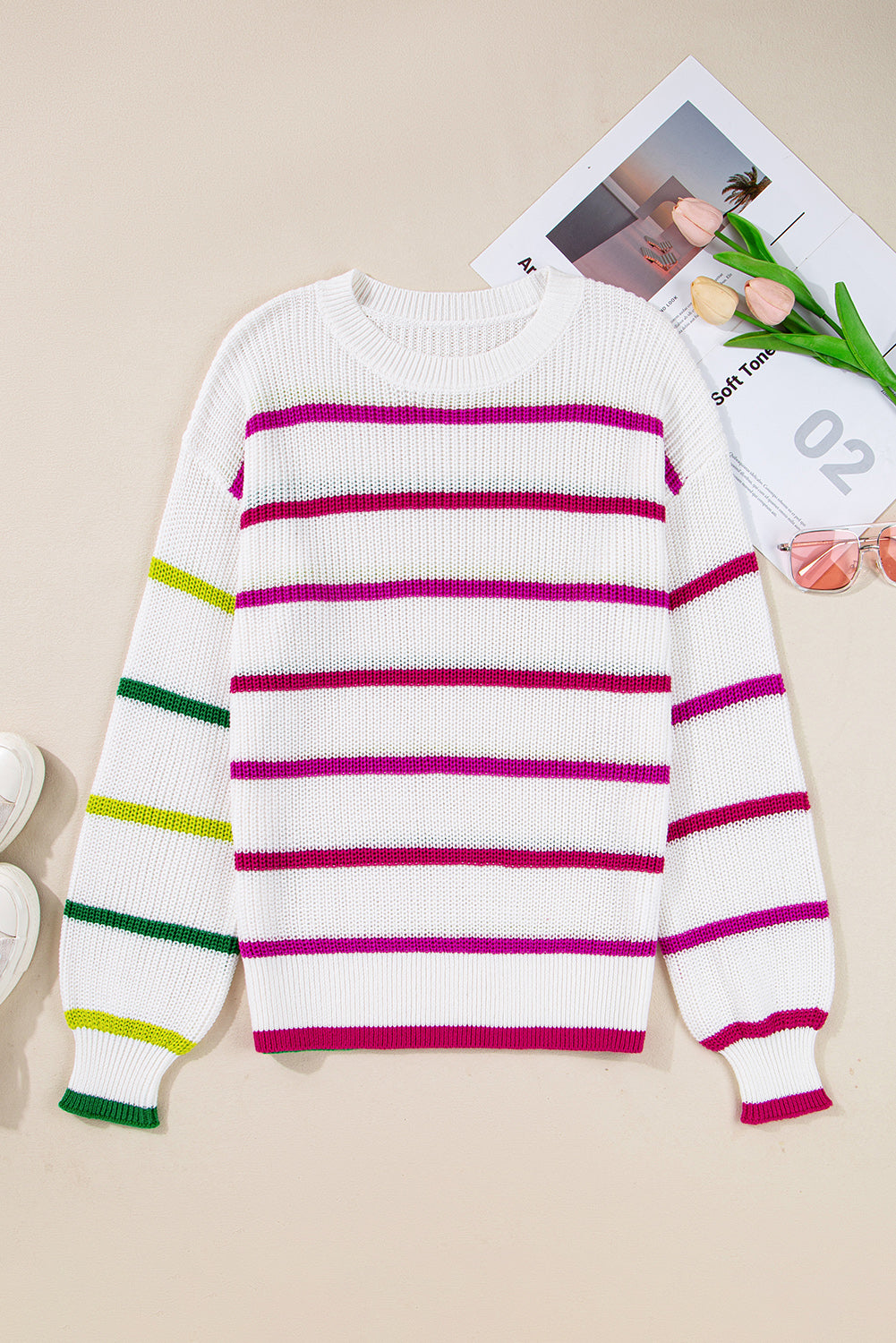 Emerson Colorful Striped Crew Neck Sweater Threaded Pear