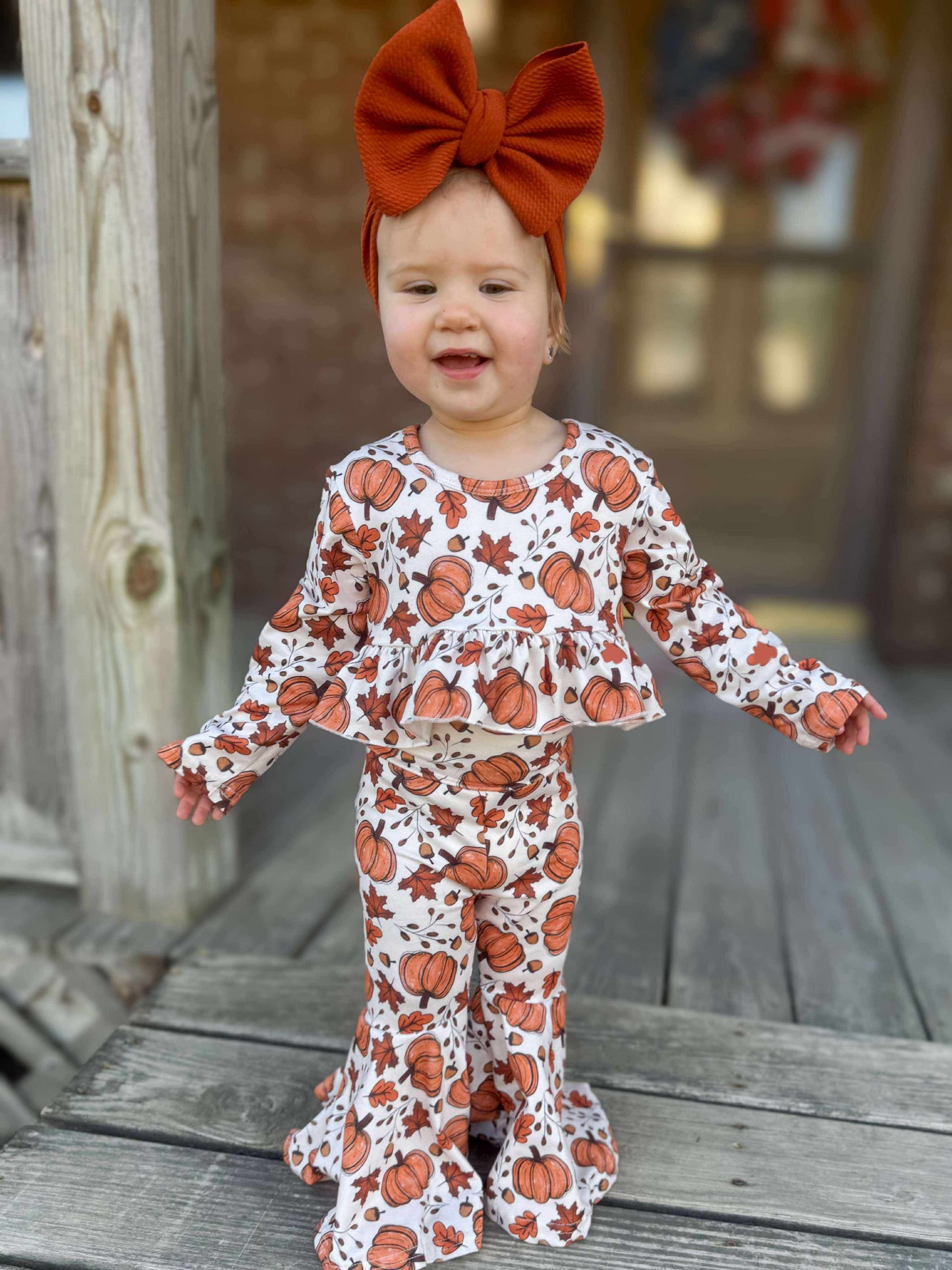 Pumpkin & leaves high waisted ruffle bell set Leopardbaby Boutique