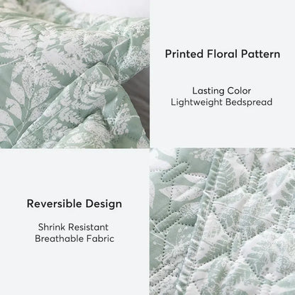 Kasentex Lightweight Botanical Green Floral Quilt Set - Light All Season Bedding, Room Decor, Graduation Gifts Kasentex
