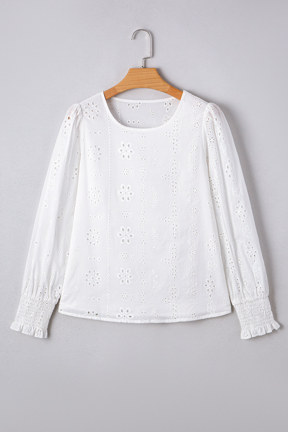 Allison Eyelet Embroidered Smocked Cuff Sheer Blouse Threaded Pear