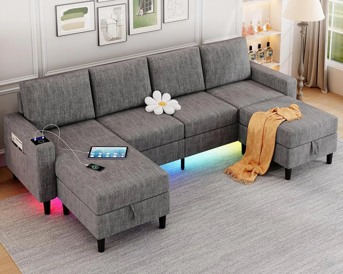 Light Grey 4 Seat Reversible Chaise Sectional Sofa ShipItFurniture