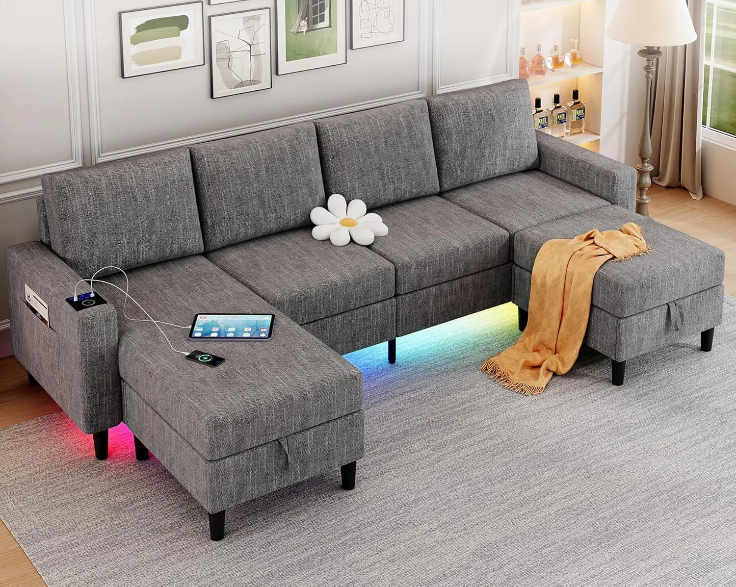 Light Grey 4 Seat Reversible Chaise Sectional Sofa ShipItFurniture