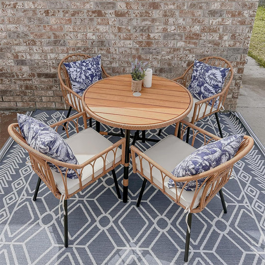 5 Pieces Outdoor Patio Dining Table Chair Set,Wicker Patio Dining Set,Outdoor Rattan Dining Table Set for Patio, Backyard, Balcony, Garden (With Umbrella Hole), Beige ShipItFurniture