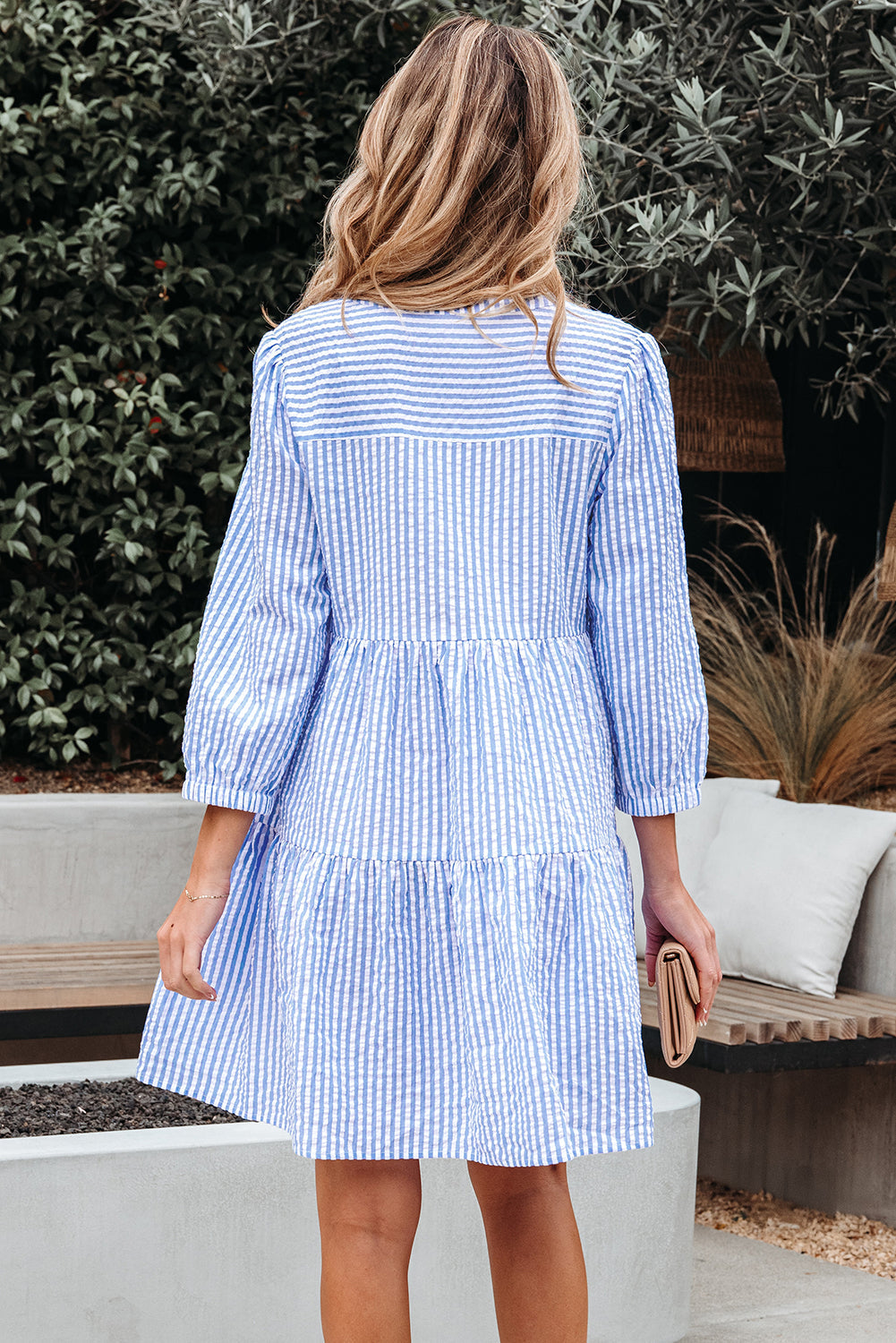 Kaia Stripe Bracelet Sleeve Tiered Dress with Pockets Threaded Pear