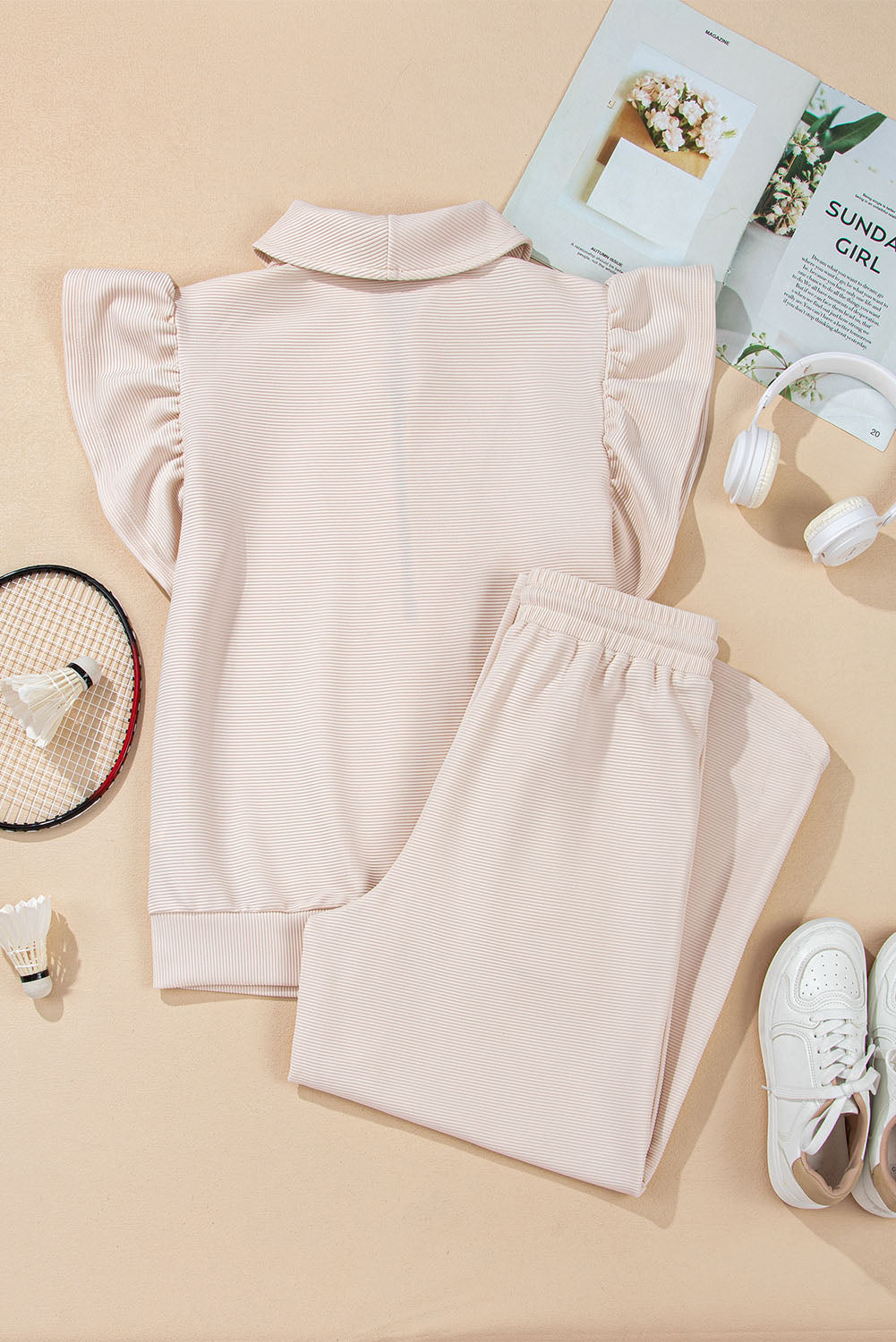 Kallie Ruffled Sleeve Zipped Top and Wide Leg Pants Set