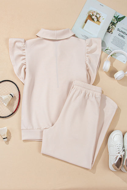 Kallie Ruffled Sleeve Zipped Top and Wide Leg Pants Set