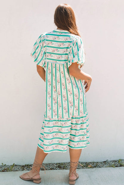 Billie Striped Floral Tie Split Neck Puff Sleeve Midi Dress