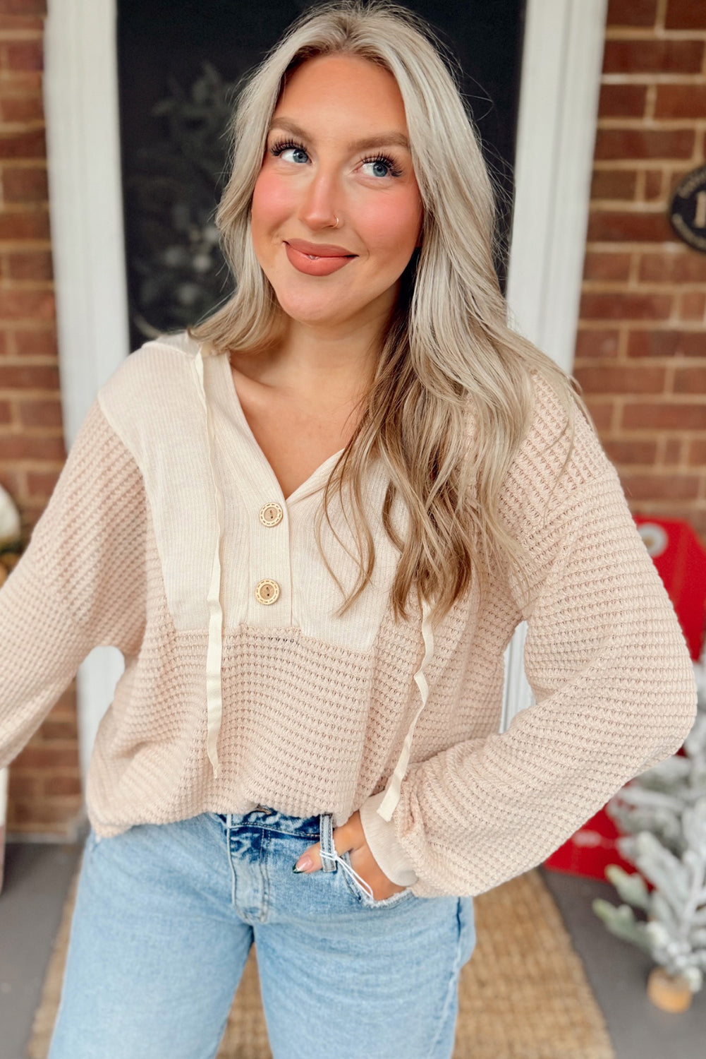 River Waffle Hooded Long Sleeve Top Threaded Pear