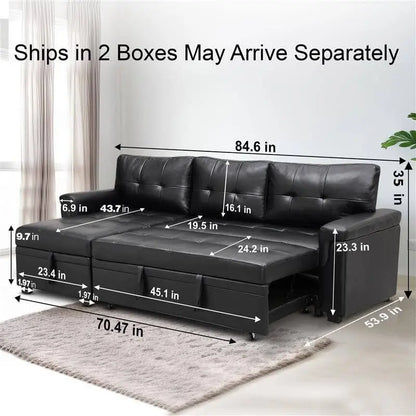 Sleeper Sectional Sofa Black Leather With Convertible Bed ShipItFurniture