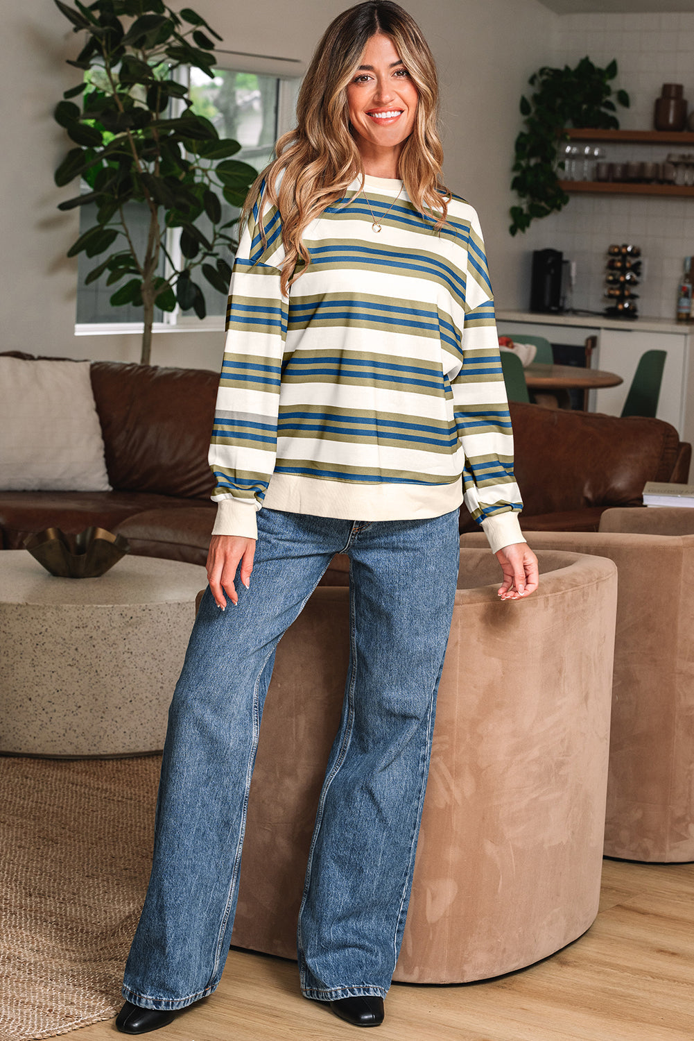 Rose Stripe Crew Neck Pullover Sweatshirt Threaded Pear