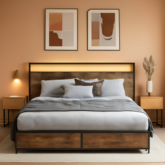 Vintage Queen Bed Storage Headboard, Drawers, Charge, LED ShipItFurniture