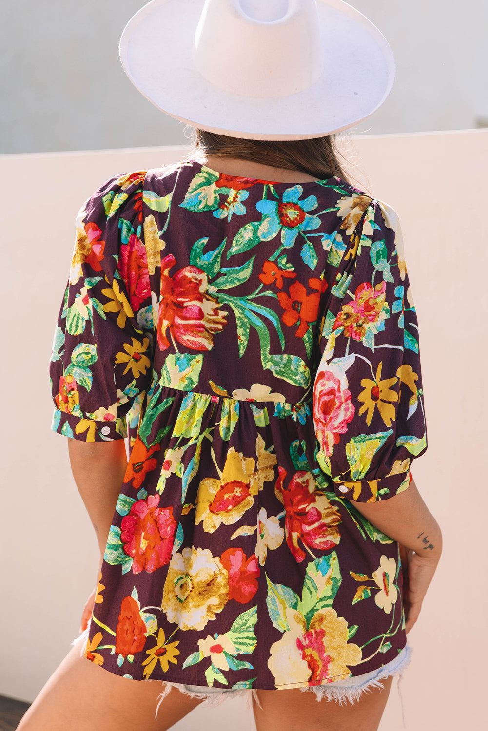 Adhara Flower Embroidered Trim Half Sleeve Blouse