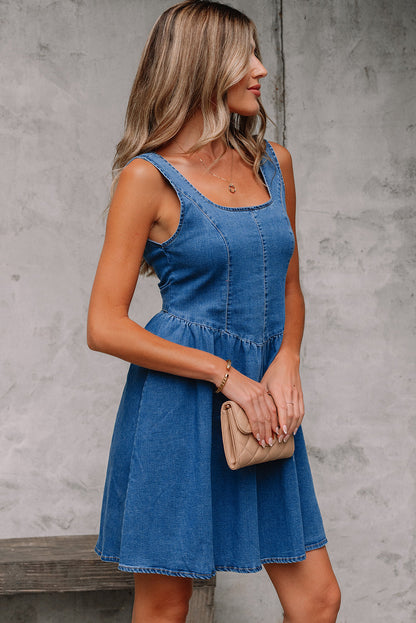Emily Square Neck Bowknot A-line Denim Dress