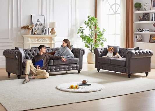 Two Piece Living Room Sofa Set Button Tufted Couch And Loveseat In Grey With Nailhead Trim ShipItFurniture