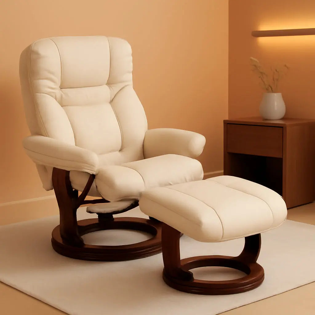 Beige Leathersoft Upholstered Recliner With Ottoman ShipItFurniture