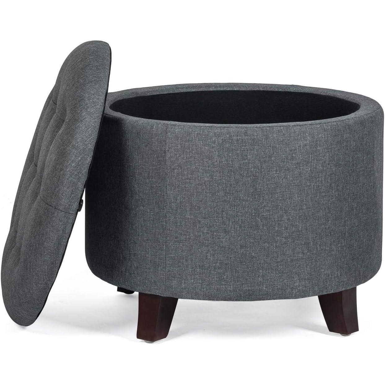Gray Fabric Round Storage Ottoman With Button Tufting ShipItFurniture