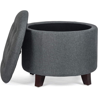 Gray Fabric Round Storage Ottoman With Button Tufting ShipItFurniture