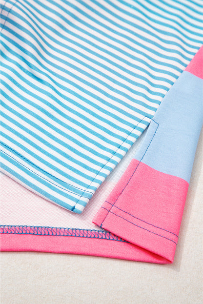 Blue Stripe Colorblock Patchwork Zip up Plus Size Pullover