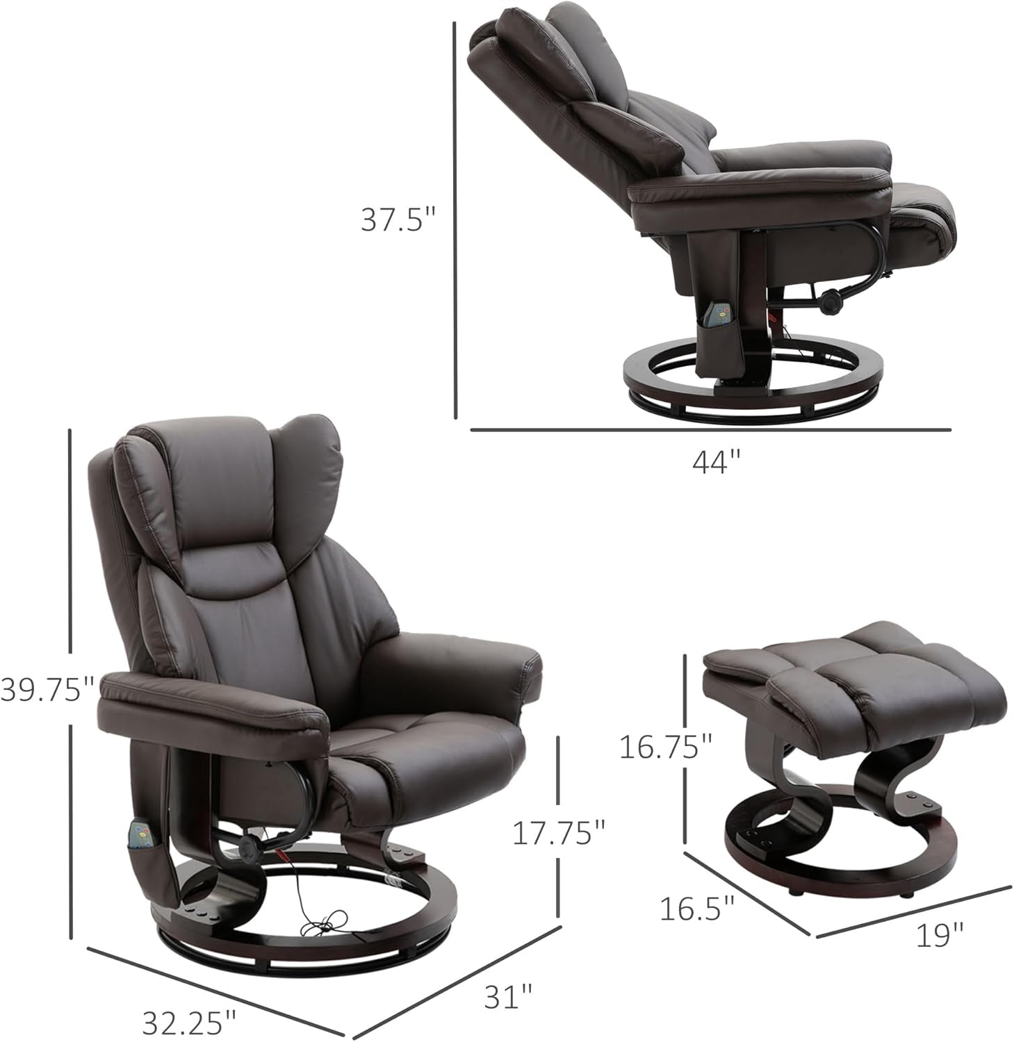 Brown Faux Leather Massage Recliner Chair With Ottoman ShipItFurniture
