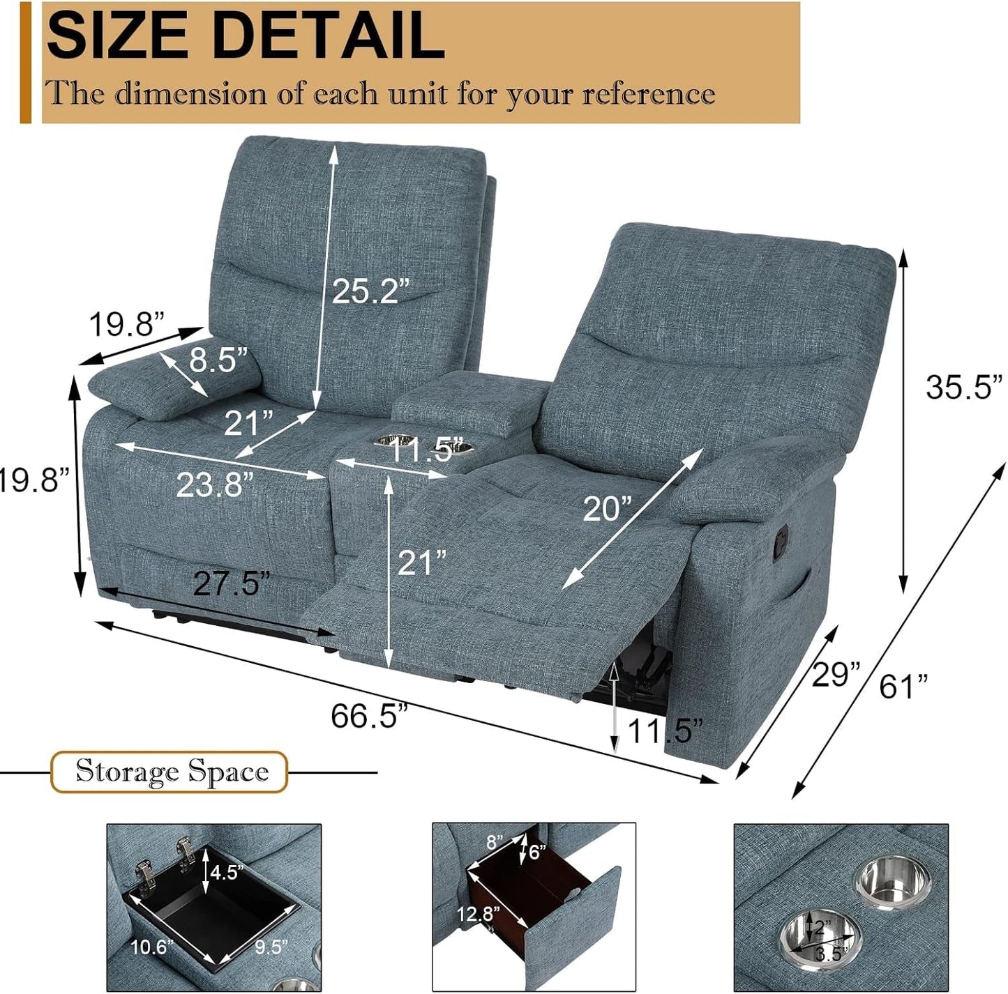 Blue Fabric Double Reclining Loveseat With Console ShipItFurniture