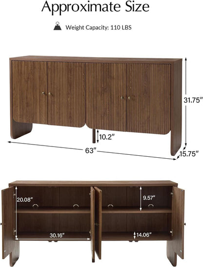 63 Inch Walnut Sideboard With Storage Cabinet Dining Room ShipItFurniture