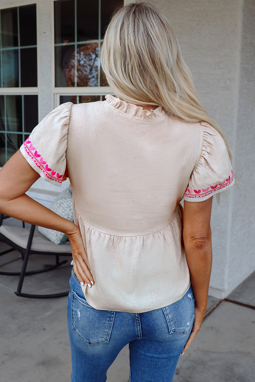 Jaliyah Floral Embroidered Notched V Neck Blouse