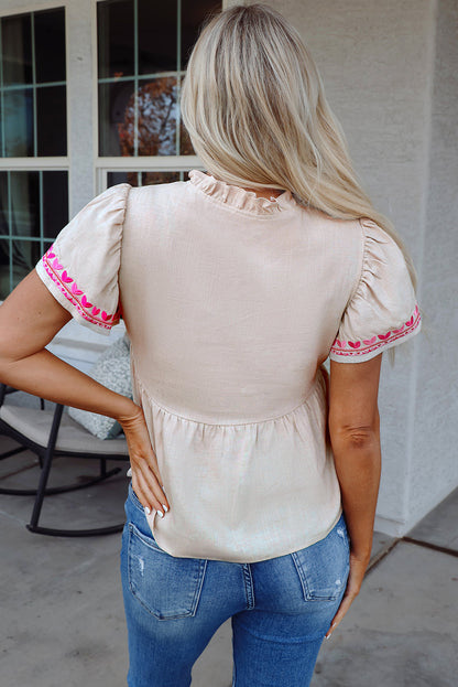 Jaliyah Floral Embroidered Notched V Neck Blouse