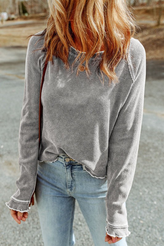 Daisy Textured Round Neck Long Sleeve Top Threaded Pear