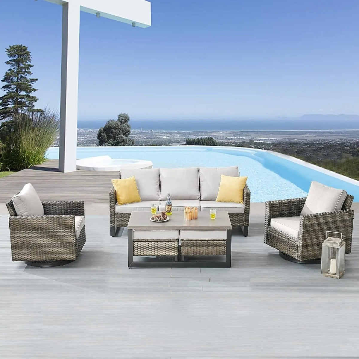 6 Piece Outdoor Furniture Patio Wicker Sofa Set, Oversize Outdoor Swivel Rocker Chairs with Rattan Ottomans, Conversation Sets Patio Furniture Come with Removable Washable Cushion - Get it from Bo
