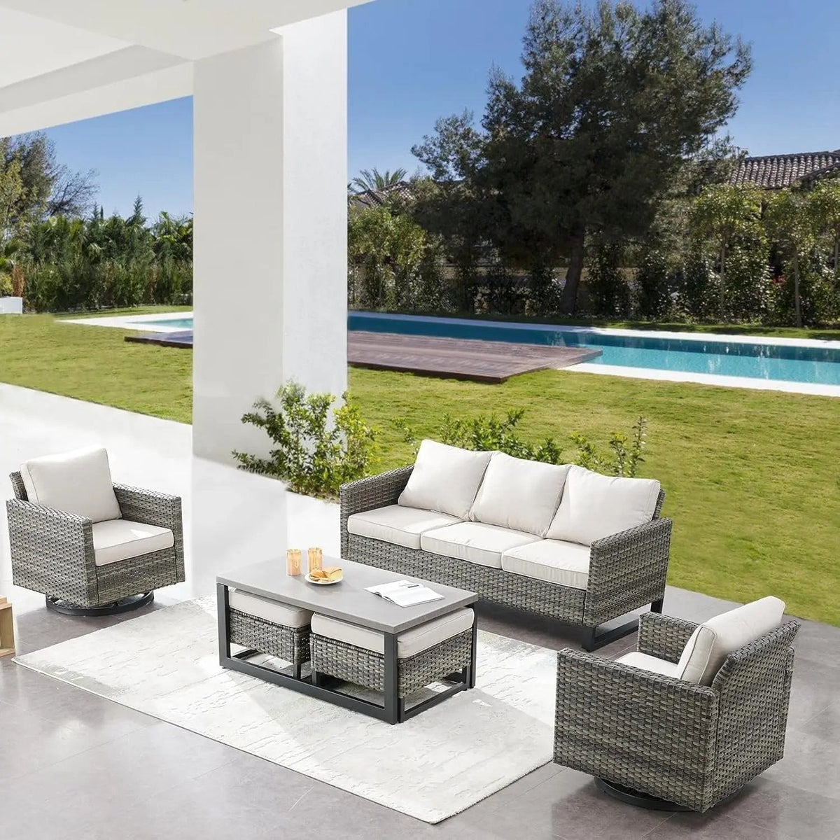 6 Piece Outdoor Furniture Patio Wicker Sofa Set, Oversize Outdoor Swivel Rocker Chairs with Rattan Ottomans, Conversation Sets Patio Furniture Come with Removable Washable Cushion - Get it from Bo