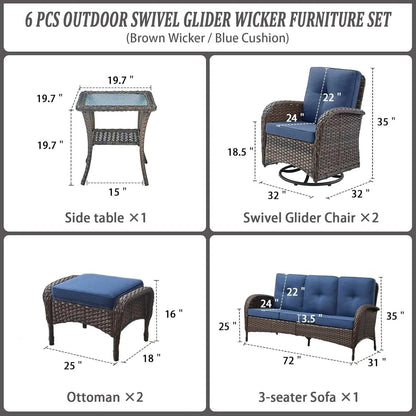 6 Piece Patio Conversation Sets - Wicker Patio Furniture Sets with Outdoor Swivel Rocker Chairs Outdoor Couch Perfect for Patio Deck Backyard, Brown Wicker Blue Cushion - Get it from Bo