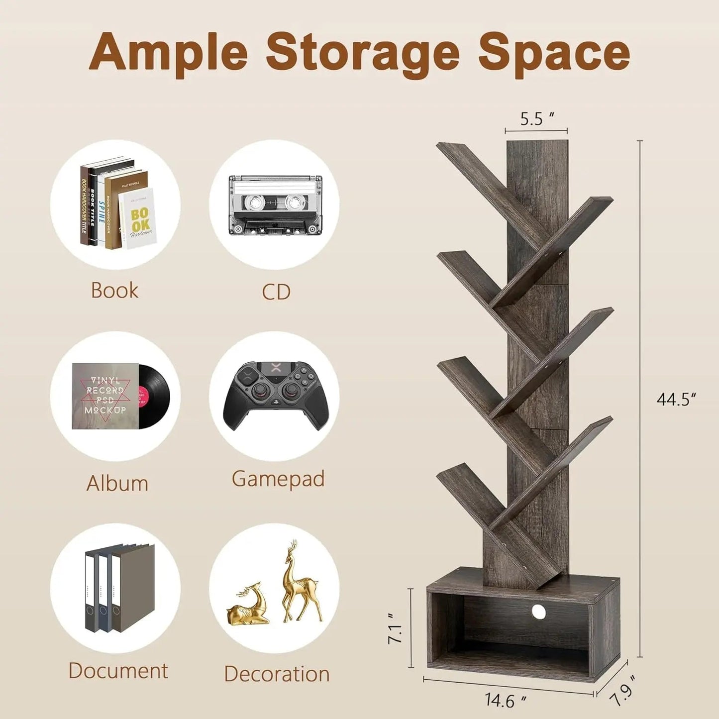 6 Tier Tree Bookshelf Bookcase With Drawer Grey Office - Get it from Bo